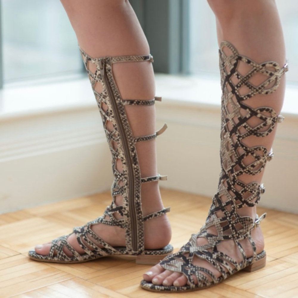 Stuart Weizmann snake skin gladiator sandals